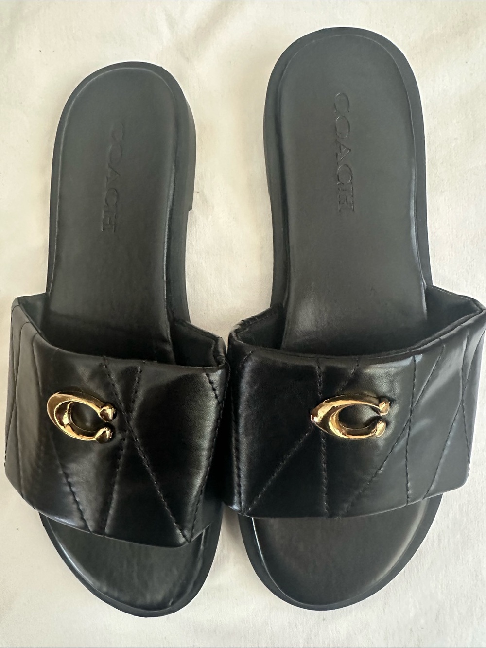 Coach Black Quilted Leather Slide Sandals with Gold C Logo